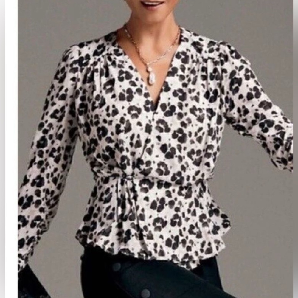 CABI XL #5898 Rosette watercolor ruche sleeve effortless leopard wrap blouse